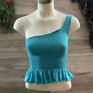 Gaze Womens Blue Ruffle One Shoulder Casual Stretchy Peplum Blouse Top Size XS